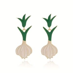 Cute Garlic Vegetable Dangle Earrings for Women Green White Gold Tone